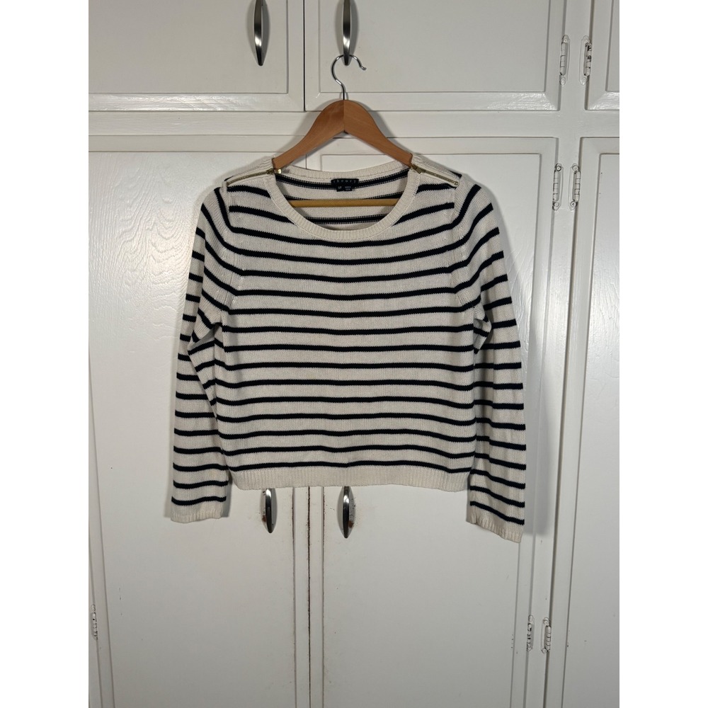 Theory Women Ivory and Black Striped Cashmere Cotton Blend Knit Sweater Size SP